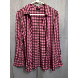 Talbots SKU 7694 Womens Pink and Brown Checkered Button Up Blouse Size L